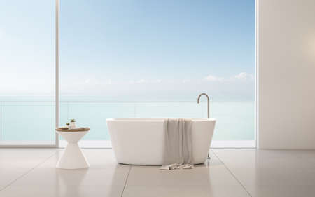 3D rendering of room with bathtub and side table.の写真素材