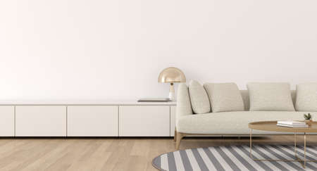 3d render of modern living room with sofa and wooden floor.
