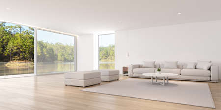 3d render of modern living room with sofa and wooden floor.