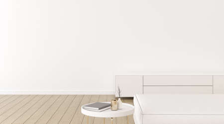 3d render of modern living room with white cabinet and gold lamp on wooden floor.