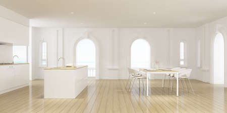 3D render of room with kitchen island and dining table.の写真素材