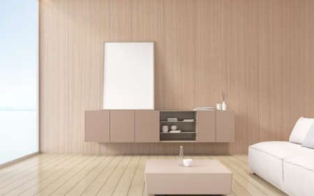 3D render of modern living room with sofa and picture frame.