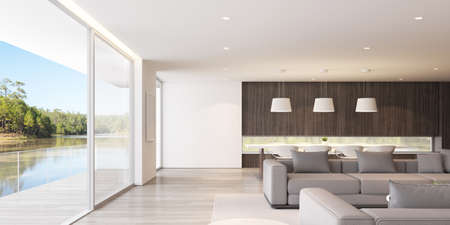 3d render of modern living room with sofa and wooden floor.