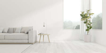 3d render of modern living room with sofa on bright wooden floor ,white wall with large window on nature background.の写真素材