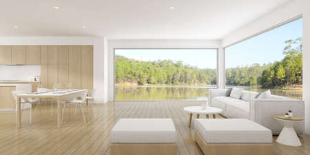 3D render of modern living room with sofa and dining table set.