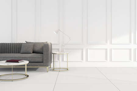 3d render of modern living room with sofa and wooden floor.