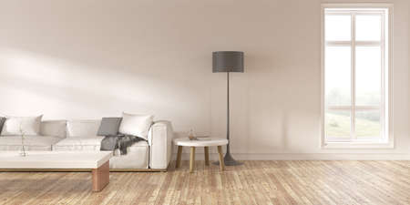 3d render of modern living room with sofa and wooden floor.