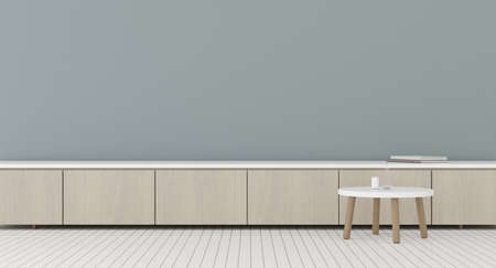 3d rendering of living room with empty wall and wood cabinet.