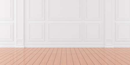 3D render of empty room with wooden floor and classic wall.