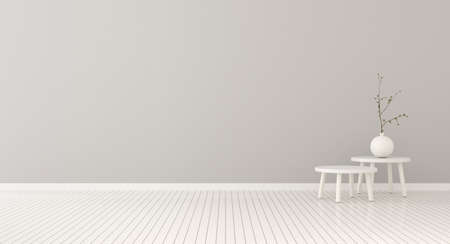 3d rendering of living room with small round table and plant in glass vase on wooden floor.の写真素材
