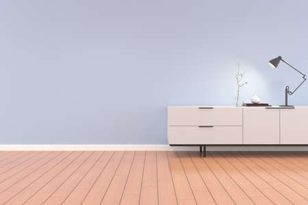3d render of room with cabinet on wooden floor and blue wall.の写真素材