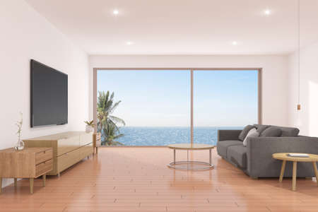 3D rendering of modern living room with TV screen and sofa on sea background.の写真素材