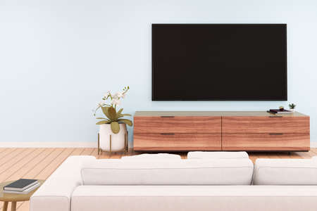 3D rendering of modern living room with TV screen and sofa.の写真素材