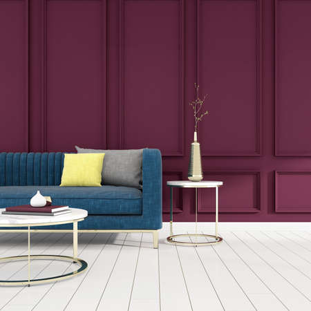 3d rendering of living room with sofa and round mable side table on classic wall.