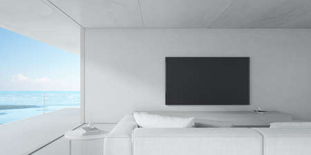 Concrete interior space, Modern living room with TV and sofa on sea background . 3d render.