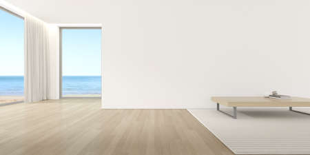 3d render of modern room with small table and carpet on wooden floor on sea background.の写真素材