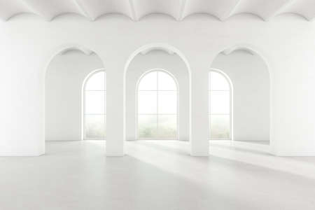 3d render of empty white room with arch door and concrete floor on nature background.の写真素材