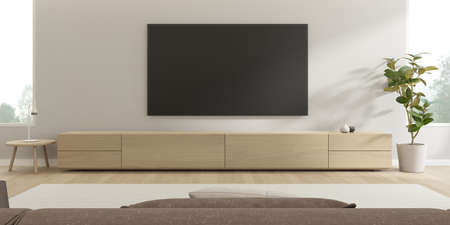 3D rendering of modern living room with TV screen and sofa on nature background.