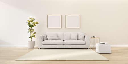 3d render of modern living room with sofa and white blank picture frame on wall.