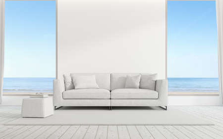 3d render of modern living room with wooden floor and sofa on sea background.