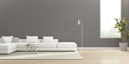 3d render of modern living room with sofa on wooden floor, Empty wall with large window on nature...