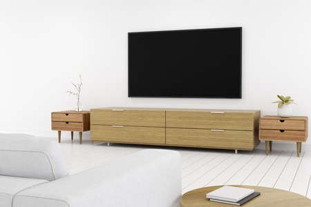 3D rendering of modern living room with TV screen and sofa.