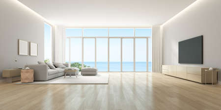 3D rendering of modern living room with TV screen and sofa on sea background.の写真素材