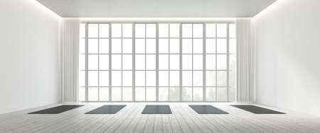 3D rendering of white room with yoga mat on wooden floor.の写真素材