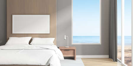 3D rendering of modern bedroom with sea view background.の写真素材