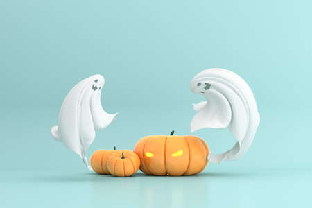 3d rendering of Halloween pumpkin head jack lantern and white ghost.