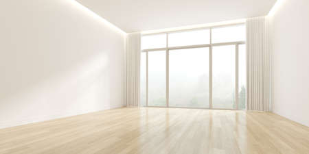 3d rendering of modern empty room with wooden floor and large window on nature background.の写真素材