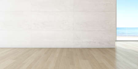 3d render of empty room with wooden floor and large plain concrete wall on sea background.