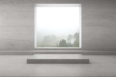 3d render of empty concrete room with large window on nature background, Empty space for product...