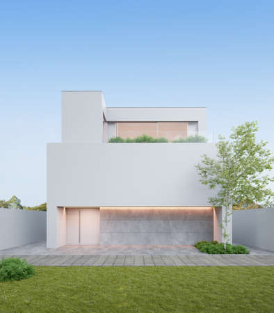3d rendering of white modern house with concrete floor and lawn yard.の写真素材