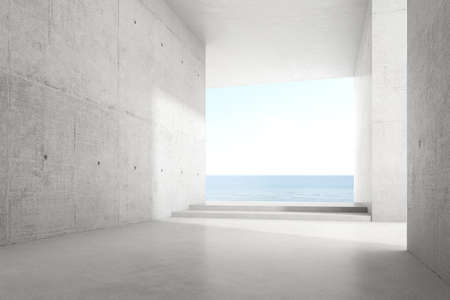 3d render of empty concrete room with large window on the sea background.の写真素材