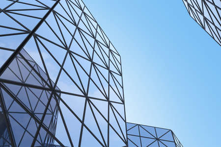 Low angle view of futuristic modern architecture, Skyscraper of corporate office building, 3D rendering.の写真素材