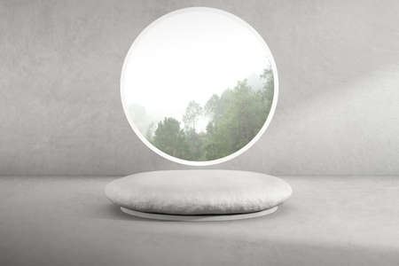 3d render of concrete room with large circle window and stone podium for product presentation. Pedestal or platform.の写真素材