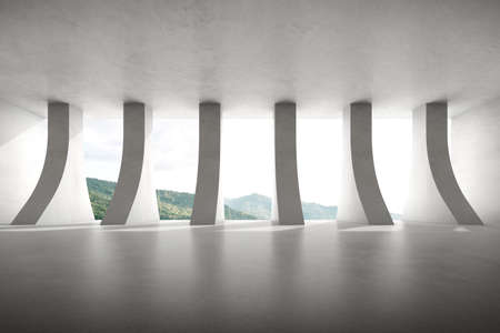 3d render of empty concrete room with large pillar structure on mountain background.の写真素材