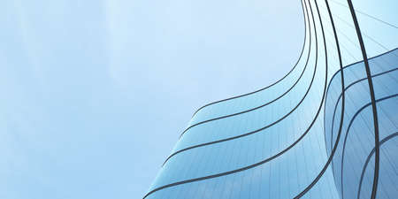 Low angle view of futuristic architecture, Skyscraper of office building with curve glass window, 3D...