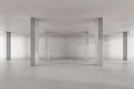 3d render of empty concrete room with large structure on white background.