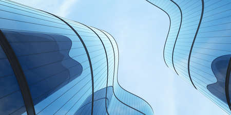 Low angle view of futuristic architecture, Skyscraper of office building with curve glass window, 3D...