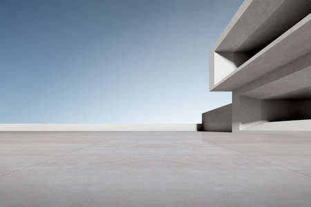3d render of concrete architecture with car park, empty cement floor.