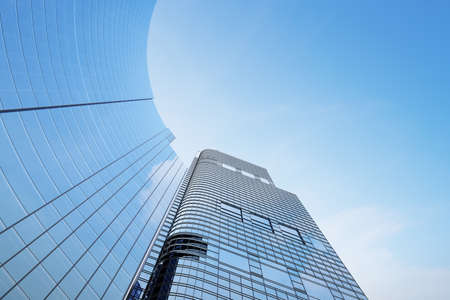 Low angle view of futuristic modern architecture, Skyscraper of corporate office building, 3D...