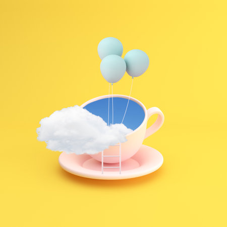 Illustration of a cup with balloons on a blue sky and cloud, Conceptual advertisement. 3D Rendering.の写真素材