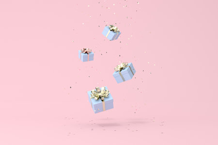 Minimal trendy scene of falling gift box on golden confetti particles background, 3D rendering.の写真素材