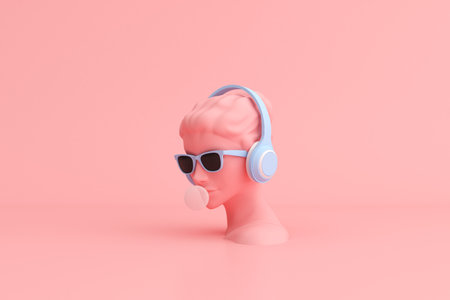 Minimal scene of sunglasses and headphone on human head sculpture, Music concept, 3d rendering.の写真素材