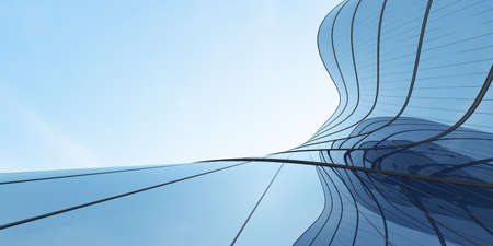 Low angle view of futuristic architecture, Skyscraper of office building with curve glass window, 3D...
