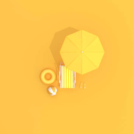 Top view of pool beach chairs and umbrella, Summer concept, Minimal scene. 3D rendering.