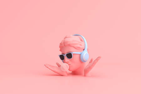 Minimal scene of sunglasses and headphone on human head sculpture, Music concept, 3d rendering.の写真素材