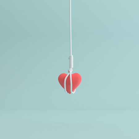 Minimal scene of hanging rope around the red heart. Valentine concept, 3D rendering.